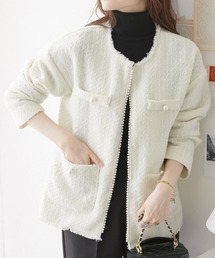 パール調ボタン　ツイードノーカラージャケット（裏地付）