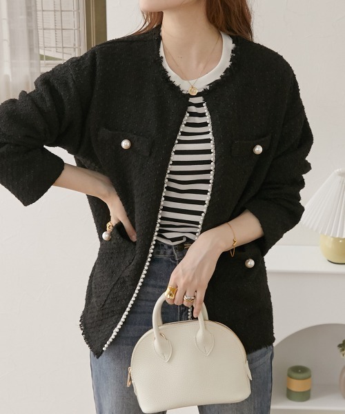 nissen（ニッセン）の「パール調ボタン　ツイードノーカラージャケット（裏地付）（ノーカラージャケット・レディース・ブラック/オフホワイト・M/L）」の2枚目の写真