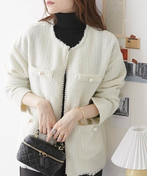 nissen（ニッセン）の「パール調ボタン　ツイードノーカラージャケット（裏地付）（ノーカラージャケット・レディース・ブラック/オフホワイト・M/L）」の22枚目の写真