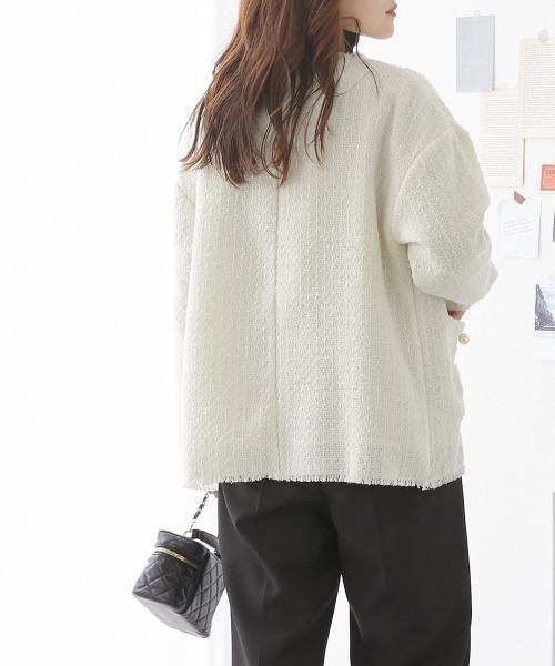 nissen（ニッセン）の「パール調ボタン　ツイードノーカラージャケット（裏地付）（ノーカラージャケット・レディース・ブラック/オフホワイト・M/L）」の3枚目の写真