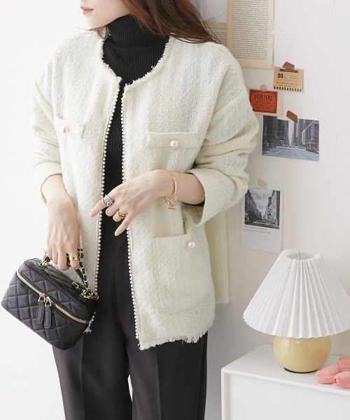 nissen（ニッセン）の「パール調ボタン　ツイードノーカラージャケット（裏地付）（ノーカラージャケット・レディース・ブラック/オフホワイト・M/L）」の4枚目の写真
