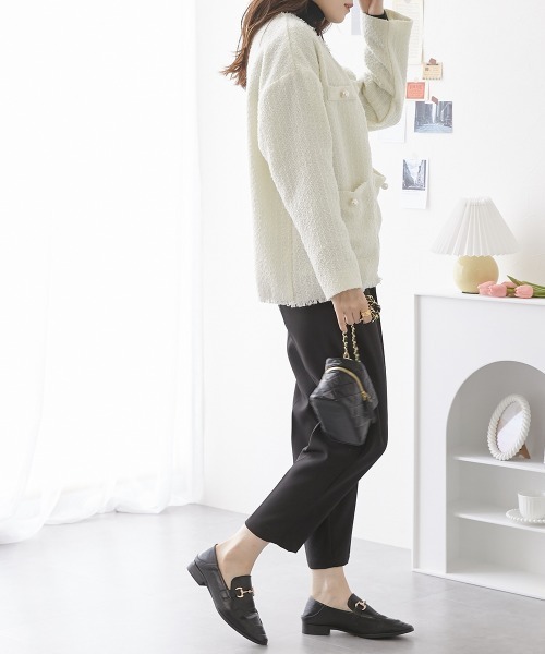 nissen（ニッセン）の「パール調ボタン　ツイードノーカラージャケット（裏地付）（ノーカラージャケット・レディース・ブラック/オフホワイト・M/L）」の5枚目の写真