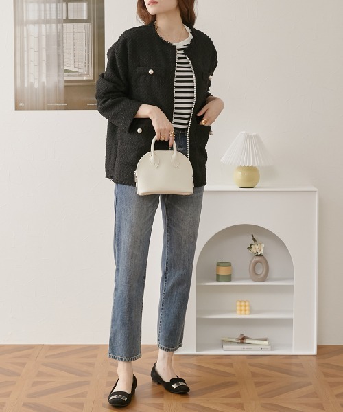 nissen（ニッセン）の「パール調ボタン　ツイードノーカラージャケット（裏地付）（ノーカラージャケット・レディース・ブラック/オフホワイト・M/L）」の6枚目の写真