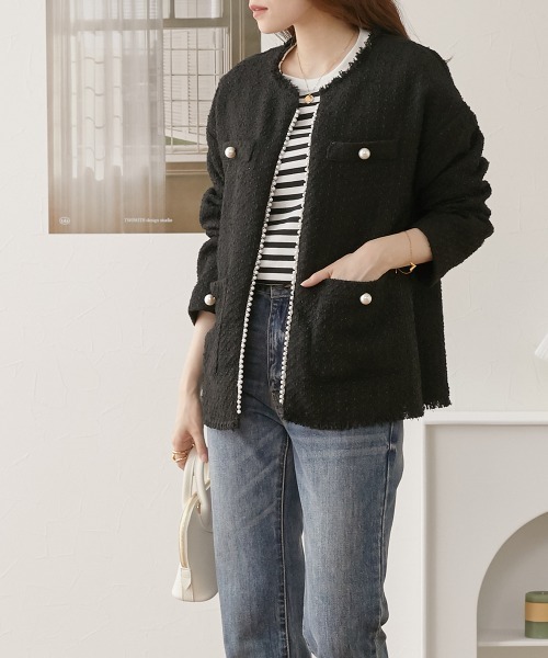 nissen（ニッセン）の「パール調ボタン　ツイードノーカラージャケット（裏地付）（ノーカラージャケット・レディース・ブラック/オフホワイト・M/L）」の8枚目の写真