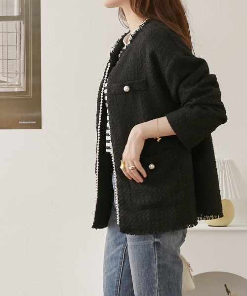 nissen（ニッセン）の「パール調ボタン　ツイードノーカラージャケット（裏地付）（ノーカラージャケット・レディース・ブラック/オフホワイト・M/L）」の9枚目の写真