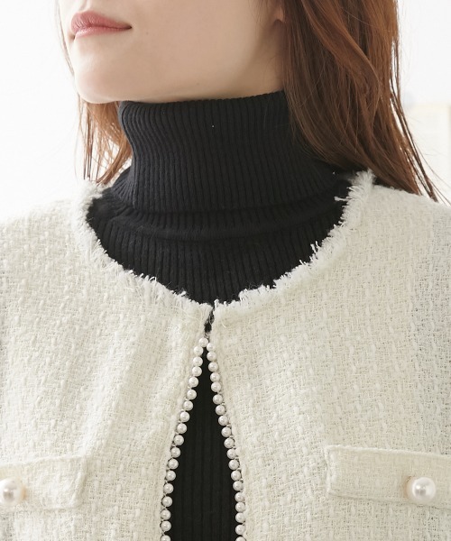 nissen（ニッセン）の「パール調ボタン　ツイードノーカラージャケット（裏地付）（ノーカラージャケット・レディース・ブラック/オフホワイト・M/L）」の11枚目の写真