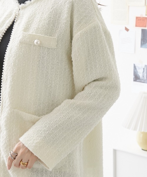 nissen（ニッセン）の「パール調ボタン　ツイードノーカラージャケット（裏地付）（ノーカラージャケット・レディース・ブラック/オフホワイト・M/L）」の12枚目の写真