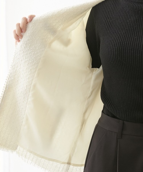 nissen（ニッセン）の「パール調ボタン　ツイードノーカラージャケット（裏地付）（ノーカラージャケット・レディース・ブラック/オフホワイト・M/L）」の14枚目の写真