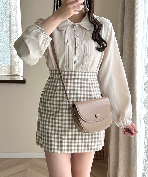 Cham.（チャム）の「台形チェックスカート（スカート・レディース・ベージュ/ブラック・F）」の2枚目の写真