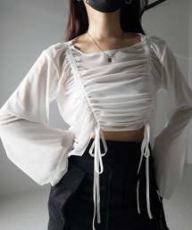 【 ３color 】ダブルリボンシャーリングショートシアートップス ／ double shirring ribbon short sheer tops