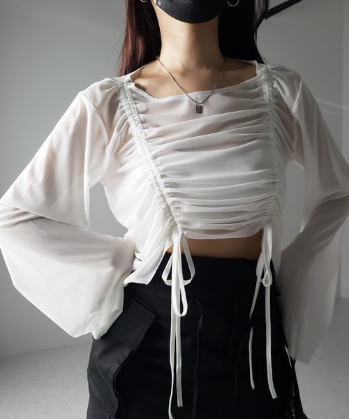 3color 】ダブルリボンシャーリングショートシアートップス