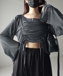【 ３color 】ダブルリボンシャーリングショートシアートップス ／ double shirring ribbon short sheer tops
