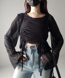 【 3color 】ダブルリボンシャーリングショートシアートップス / double shirring ribbon short sheer tops