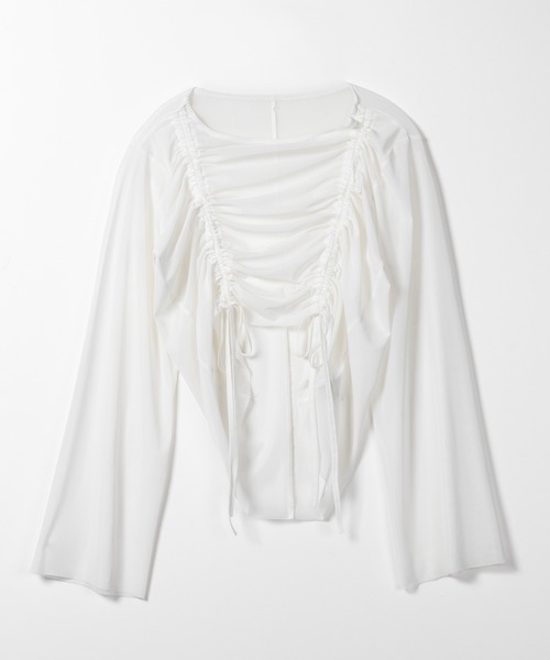 me+em select ダブルリボンシャーリングショートシアーシャツ ホワイト me+em select（ミームセレクト）の「【 3color 】ダブルリボン