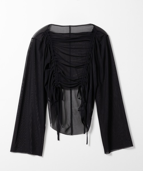 me+em select(ミームセレクト)の「【 3color 】ダブルリボンシャーリングショートシアートップス / double shirring ribbon short sheer tops(その他トップス・レディース・ホワイト/チャコール/ブラック・FREE)」の10枚目の写真