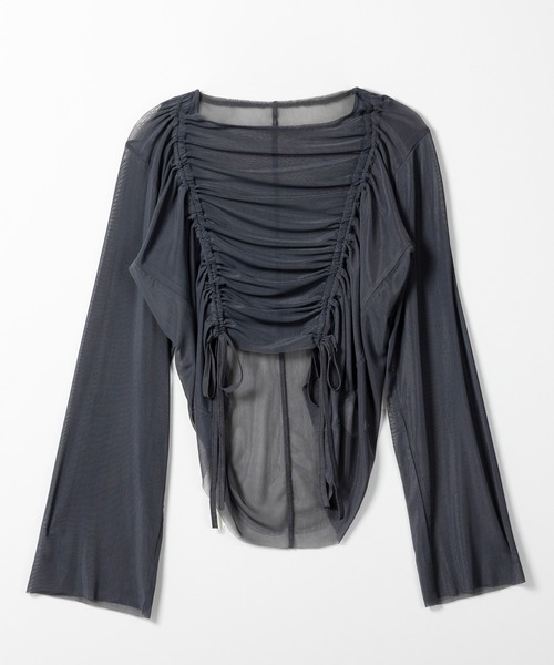 me+em select(ミームセレクト)の「【 3color 】ダブルリボンシャーリングショートシアートップス / double shirring ribbon short sheer tops(その他トップス・レディース・ホワイト/チャコール/ブラック・FREE)」の11枚目の写真