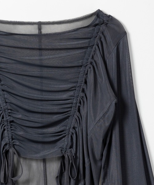 me+em select(ミームセレクト)の「【 3color 】ダブルリボンシャーリングショートシアートップス / double shirring ribbon short sheer tops(その他トップス・レディース・ホワイト/チャコール/ブラック・FREE)」の14枚目の写真
