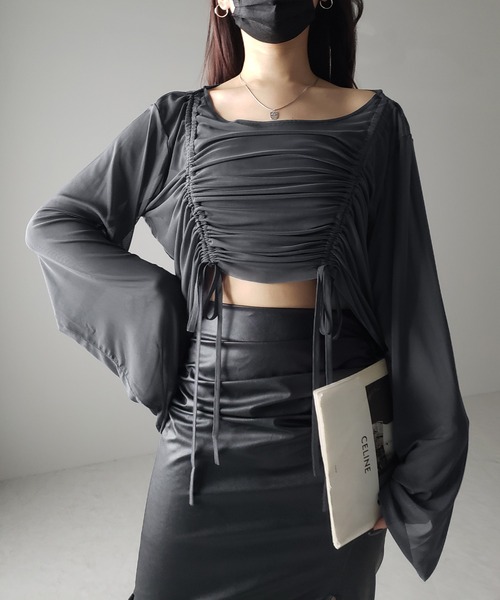 me+em select(ミームセレクト)の「【 3color 】ダブルリボンシャーリングショートシアートップス / double shirring ribbon short sheer tops(その他トップス・レディース・ホワイト/チャコール/ブラック・FREE)」の5枚目の写真