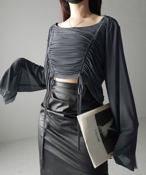 me+em select(ミームセレクト)の「【 3color 】ダブルリボンシャーリングショートシアートップス / double shirring ribbon short sheer tops(その他トップス・レディース・ホワイト/チャコール/ブラック・FREE)」の6枚目の写真
