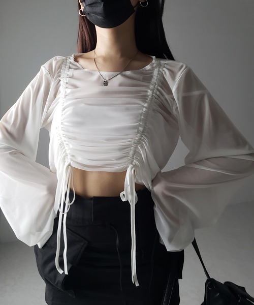 me+em select(ミームセレクト)の「【 3color 】ダブルリボンシャーリングショートシアートップス / double shirring ribbon short sheer tops(その他トップス・レディース・ホワイト/チャコール/ブラック・FREE)」の16枚目の写真
