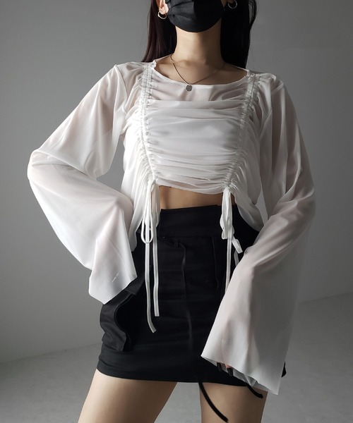 me+em select(ミームセレクト)の「【 3color 】ダブルリボンシャーリングショートシアートップス / double shirring ribbon short sheer tops(その他トップス・レディース・ホワイト/チャコール/ブラック・FREE)」の22枚目の写真