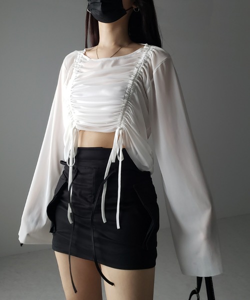 me+em select(ミームセレクト)の「【 3color 】ダブルリボンシャーリングショートシアートップス / double shirring ribbon short sheer tops(その他トップス・レディース・ホワイト/チャコール/ブラック・FREE)」の18枚目の写真