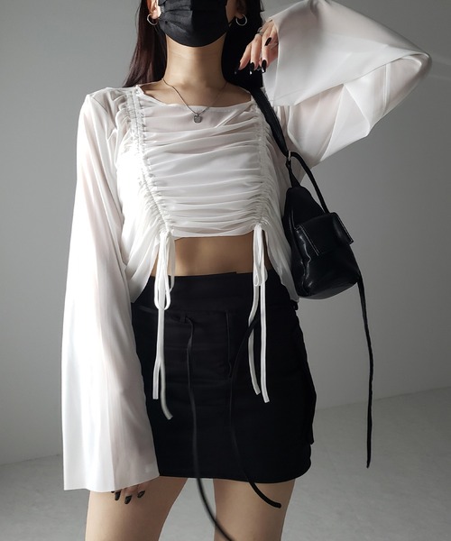 me+em select(ミームセレクト)の「【 3color 】ダブルリボンシャーリングショートシアートップス / double shirring ribbon short sheer tops(その他トップス・レディース・ホワイト/チャコール/ブラック・FREE)」の20枚目の写真
