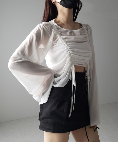 me+em select(ミームセレクト)の「【 3color 】ダブルリボンシャーリングショートシアートップス / double shirring ribbon short sheer tops(その他トップス・レディース・ホワイト/チャコール/ブラック・FREE)」の19枚目の写真