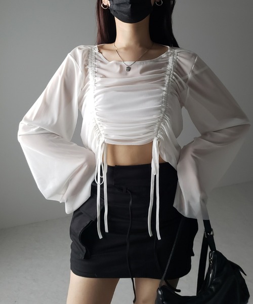 me+em select(ミームセレクト)の「【 3color 】ダブルリボンシャーリングショートシアートップス / double shirring ribbon short sheer tops(その他トップス・レディース・ホワイト/チャコール/ブラック・FREE)」の17枚目の写真