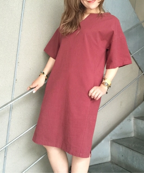 Kastane（カスタネ）の「【Kastane】スキッパーワンピース（チュニック・レディース・グレー/カーキ/ボルドー/ブラック・FREE）」の4枚目の写真