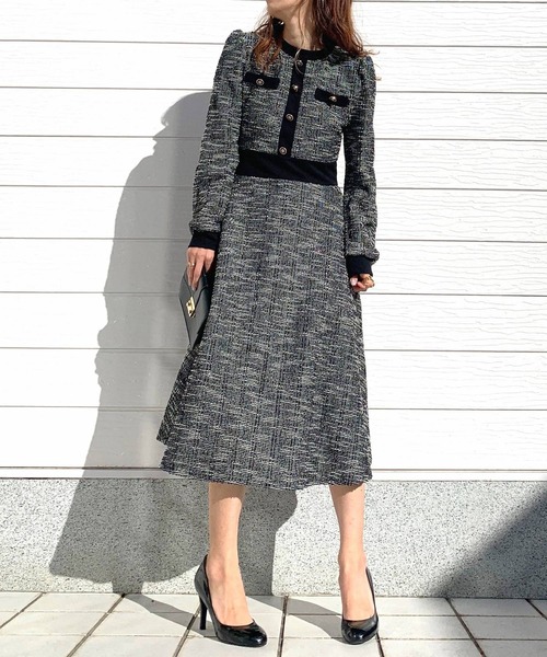 Q（キュー）の「ツイードフレアワンピース（ワンピース・レディース・ブラック/アイボリー・MEDIUM）」の2枚目の写真