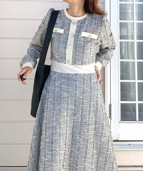 Q（キュー）の「ツイードフレアワンピース（ワンピース・レディース・ブラック/アイボリー・MEDIUM）」の10枚目の写真