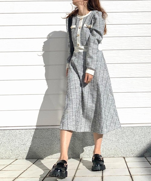 Q（キュー）の「ツイードフレアワンピース（ワンピース・レディース・ブラック/アイボリー・MEDIUM）」の4枚目の写真