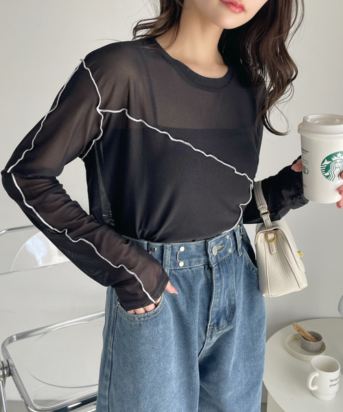 Ada.(エイダ)の「配色 切り替えデザイン チュールトップス(Tシャツ/カットソー・レディース・グレイッシュベージュ/アイボリー/ブラック・FREE)」の13枚目の写真