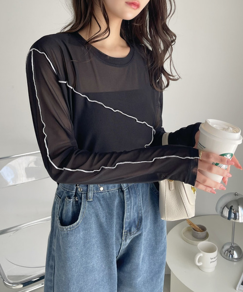 Ada.(エイダ)の「配色 切り替えデザイン チュールトップス(Tシャツ/カットソー・レディース・グレイッシュベージュ/アイボリー/ブラック・FREE)」の14枚目の写真