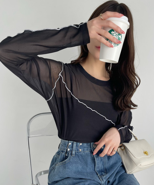 Ada.(エイダ)の「配色 切り替えデザイン チュールトップス(Tシャツ/カットソー・レディース・グレイッシュベージュ/アイボリー/ブラック・FREE)」の15枚目の写真
