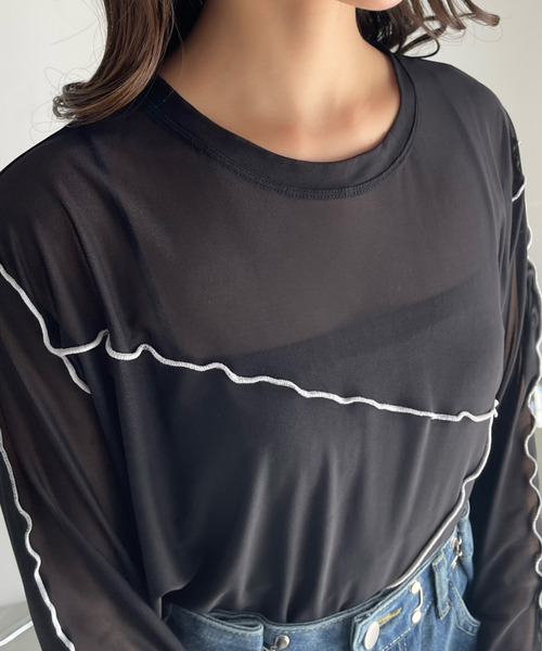 Ada.(エイダ)の「配色 切り替えデザイン チュールトップス(Tシャツ/カットソー・レディース・グレイッシュベージュ/アイボリー/ブラック・FREE)」の10枚目の写真