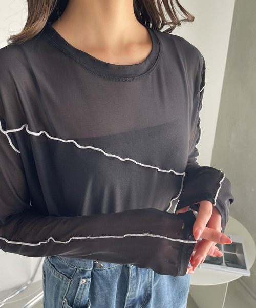 Ada.(エイダ)の「配色 切り替えデザイン チュールトップス(Tシャツ/カットソー・レディース・グレイッシュベージュ/アイボリー/ブラック・FREE)」の11枚目の写真