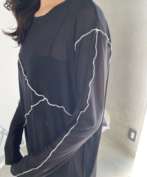 Ada.(エイダ)の「配色 切り替えデザイン チュールトップス(Tシャツ/カットソー・レディース・グレイッシュベージュ/アイボリー/ブラック・FREE)」の6枚目の写真