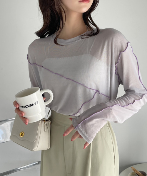 Ada.(エイダ)の「配色 切り替えデザイン チュールトップス(Tシャツ/カットソー・レディース・グレイッシュベージュ/アイボリー/ブラック・FREE)」の7枚目の写真
