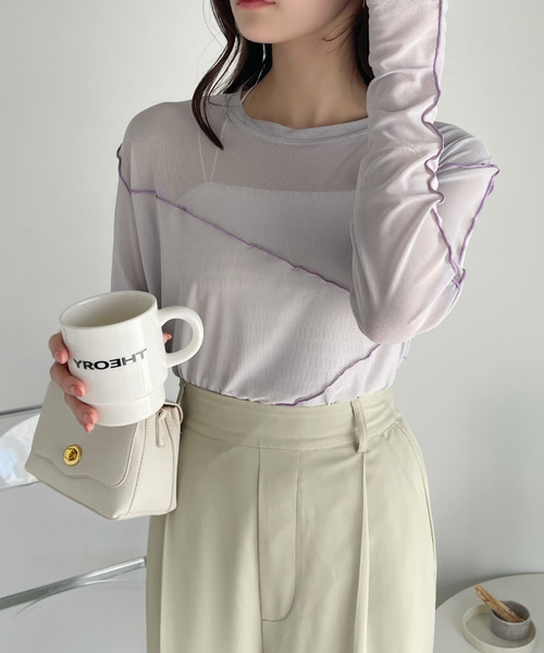 Ada.(エイダ)の「配色 切り替えデザイン チュールトップス(Tシャツ/カットソー・レディース・グレイッシュベージュ/アイボリー/ブラック・FREE)」の8枚目の写真