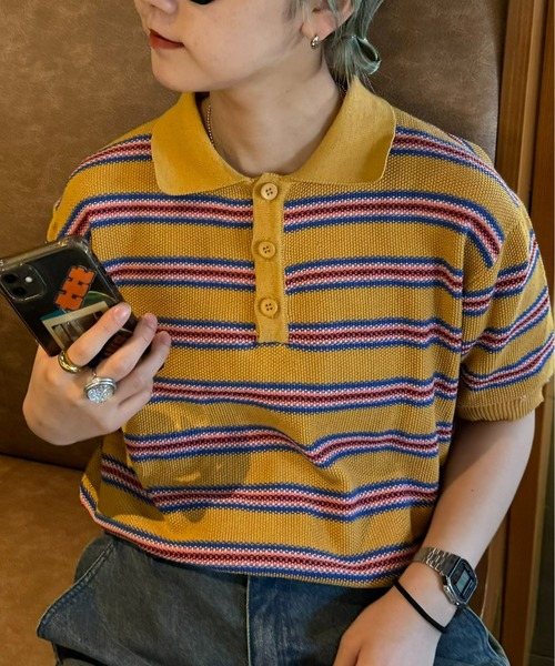 CIAOPANIC TYPY(チャオパニックティピー)の「【WEB限定】【UNISEX】レトロボーダーニットポロ(ポロシャツ・メンズ・グレー/イエロー/グリーン・MEDIUM/LARGE)」の3枚目の写真