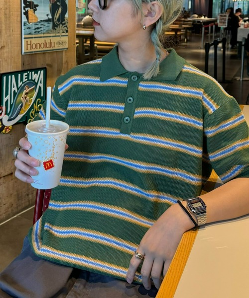 CIAOPANIC TYPY(チャオパニックティピー)の「【WEB限定】【UNISEX】レトロボーダーニットポロ(ポロシャツ・メンズ・グレー/イエロー/グリーン・MEDIUM/LARGE)」の2枚目の写真