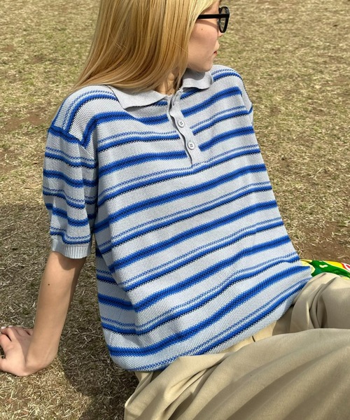 CIAOPANIC TYPY(チャオパニックティピー)の「【WEB限定】【UNISEX】レトロボーダーニットポロ(ポロシャツ・メンズ・グレー/イエロー/グリーン・MEDIUM/LARGE)」の4枚目の写真