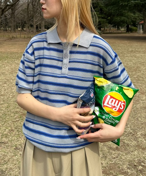 CIAOPANIC TYPY(チャオパニックティピー)の「【WEB限定】【UNISEX】レトロボーダーニットポロ(ポロシャツ・メンズ・グレー/イエロー/グリーン・MEDIUM/LARGE)」の5枚目の写真