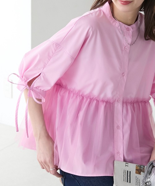 BONLECILL（ボンルシール）の「チュールドッキング ペプラムデザインリボンパフスリーブブラウス（シャツ/ブラウス・レディース・ピンク/グレイッシュブルー/ブラック/アイボリー/ネイビー・FREE）」の5枚目の写真