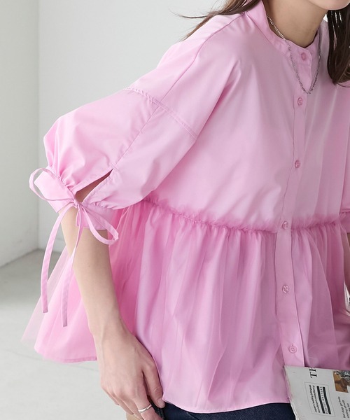 チュールドッキング ペプラムデザインリボンパフスリーブブラウス