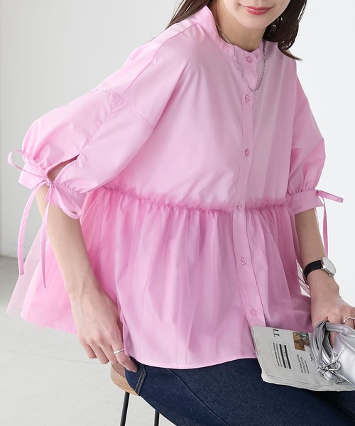 チュールドッキング ペプラムデザインリボンパフスリーブブラウス