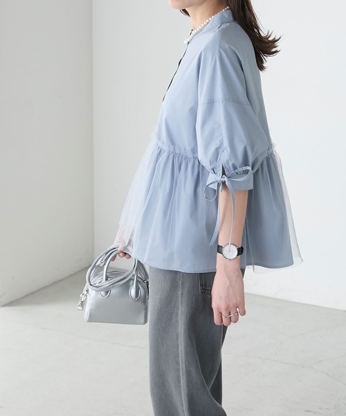 BONLECILL（ボンルシール）の「チュールドッキング ペプラムデザインリボンパフスリーブブラウス（シャツ/ブラウス・レディース・ピンク/グレイッシュブルー/ブラック/アイボリー/ネイビー・FREE）」の17枚目の写真