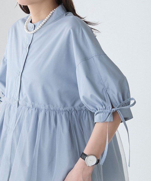 BONLECILL（ボンルシール）の「チュールドッキング ペプラムデザインリボンパフスリーブブラウス（シャツ/ブラウス・レディース・ピンク/グレイッシュブルー/ブラック/アイボリー/ネイビー・FREE）」の19枚目の写真